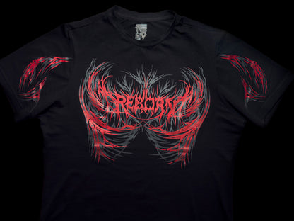 Black t-shirt with red and white graphic design on a black background
